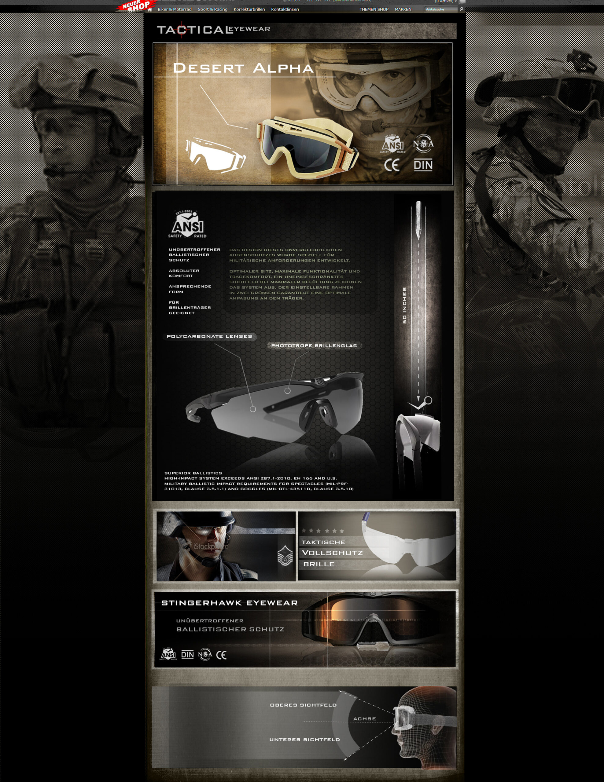 Entwurf für  die Website von Tactical Eyewear Schutzbrillen
Produkt: Tactical-Brillen 2013/2014